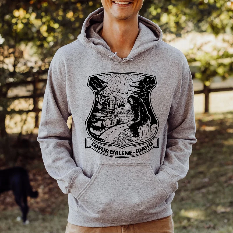 Bigfoot Overlooking Coeur d'Alene, Idaho Hoodie - Crewneck Sweatshirt for Skier *UNISEX FIT* Compression