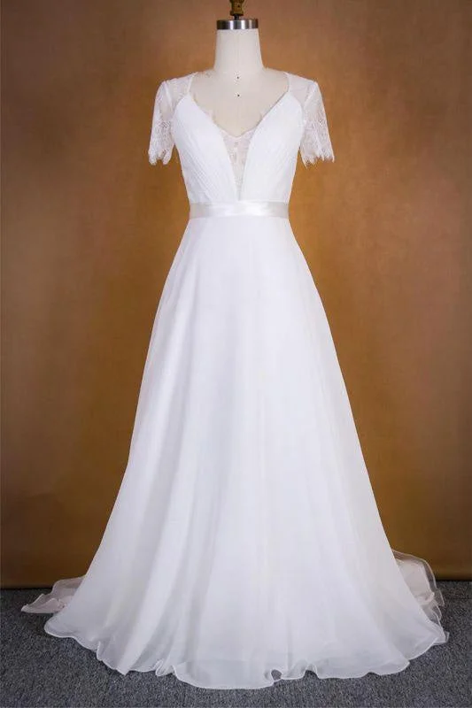 Bridelily Ruffle Short Sleeve Lace Chiffon Wedding Dress Minimalist Women's Casual