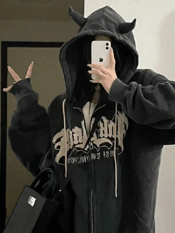 Horn Detail Fleece Lined Zip-Up Hoodie Elegant Women's 