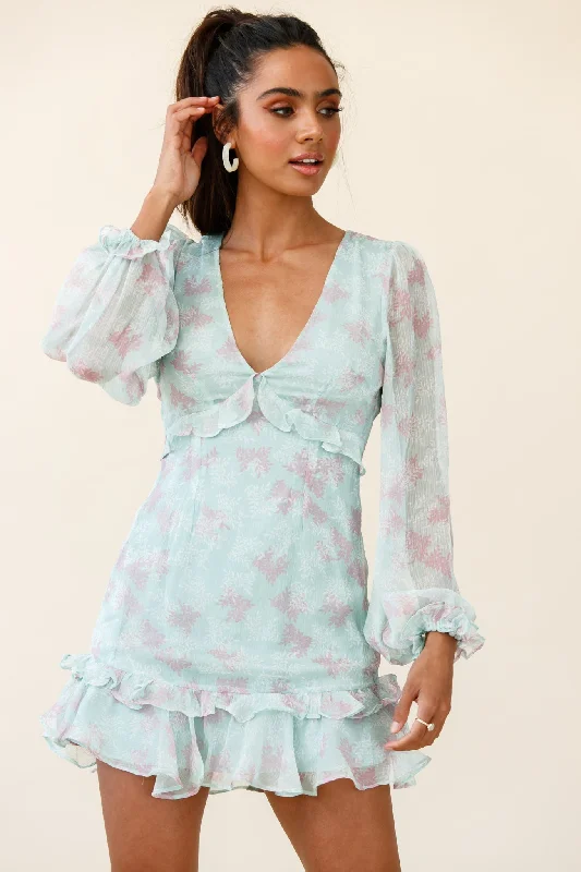 Amarantha Sheer Balloon Sleeve Frill Trim Dress Floral Print Mint Vintage Women's 1970S Amarantha Sheer Balloon Sleeve Frill Trim Dress Floral Print Mint Vintage Women's 1970S