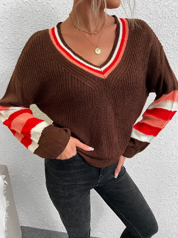 Preppy Colorblock Long Sleeve V Neck Regular Women Sweater Cool Women's Distressed