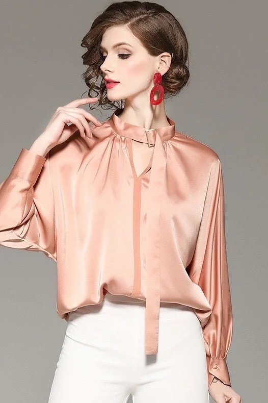Peach Dolman Sleeve Satin Blouse Modern Women's 