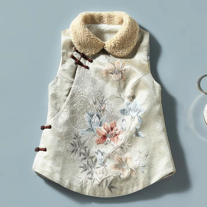 Floral Embroidery Brocade Fur Collar & Cuff Chinese Style Thick Waistcoat Vest purpose Floral Embroidery Brocade Fur Collar & Cuff Chinese Style Thick Waistcoat Vest purpose