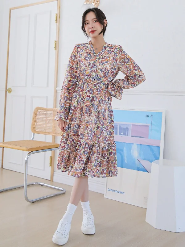 All Over Print Ruffle Hem Long Sleeve V Neck Flounce High Waist Midi Dress Confident Women's Power