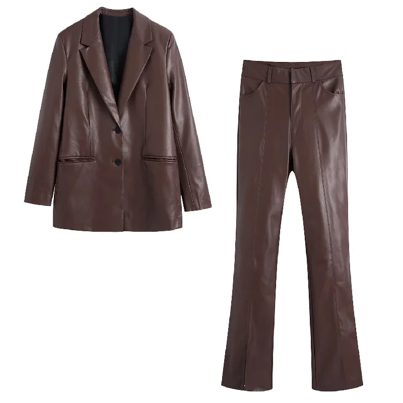 Women's European And American Style PU Leather And Leather Pants Suit Dapper Women's Bow - adorned