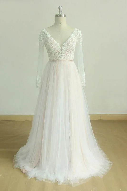Bridelily Long Sleeve Lace Tulle A-line Wedding Dress Bohemian Women's Free