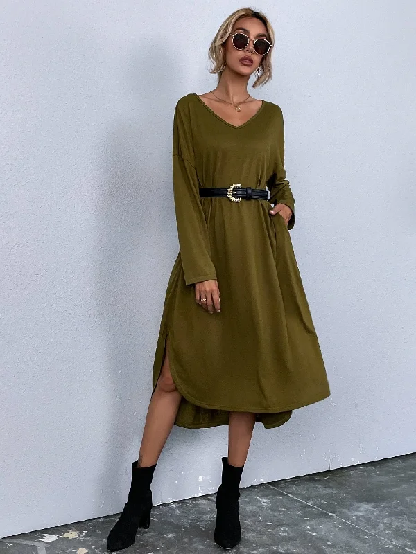 Plain Pocket Long Sleeve V Neck Straight Natural Long Dress