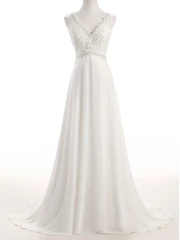 Elegant V Neck Lace Chiffon A-Line Wedding Dresses Laid - back Women's Style