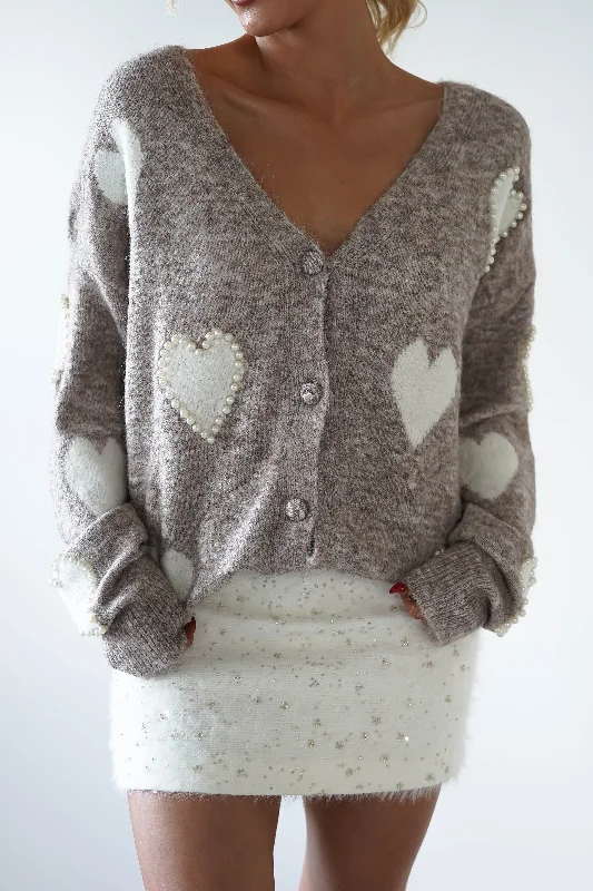 Lilah Pearl Heart Oversized Cardigan | Taupe