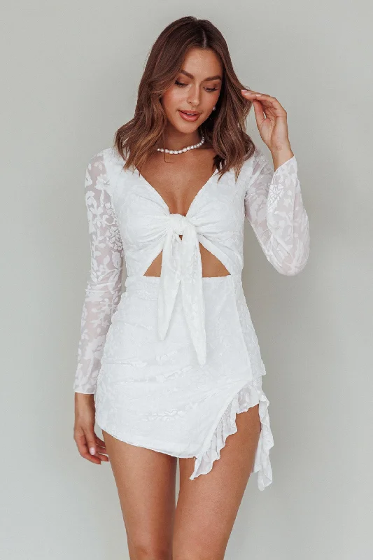 Adri Bust Tie Mini Dress Velvet Floral White Unique Women's Upcycled