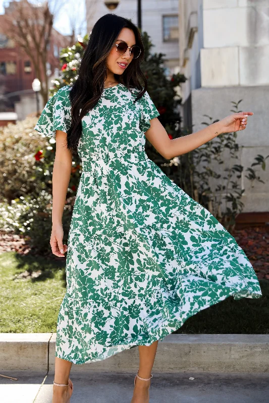 Island Sunsets Green Floral Midi Dress Sustainable Organic