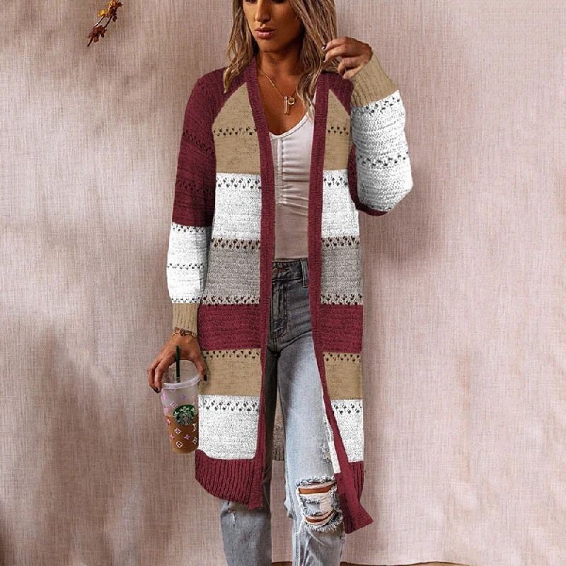Casual Color Clashing Plaid Patchwork Loose Knit Cardigan Jacket Wholesale Womens Clothing Vacation Casual Color Clashing Plaid Patchwork Loose Knit Cardigan Jacket Wholesale Womens Clothing Vacation
