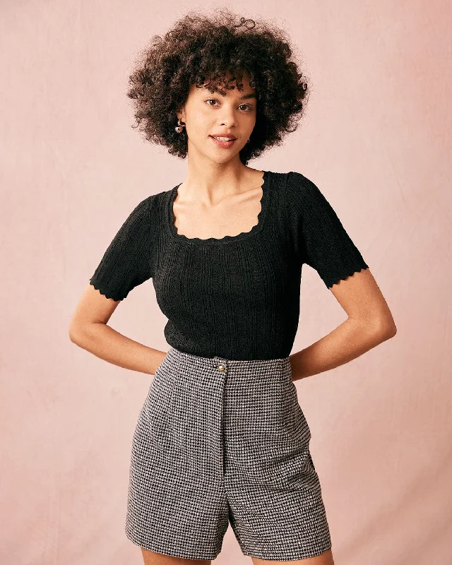 The Black Square Neck Scalloped Knit Top