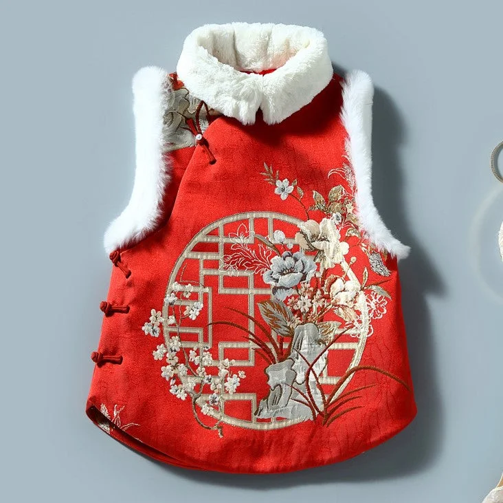 Floral Embroidery Brocade Fur Collar & Cuff Chinese Style Thick Waistcoat Vest Dapper Women's 1920S Floral Embroidery Brocade Fur Collar & Cuff Chinese Style Thick Waistcoat Vest Dapper Women's 1920S