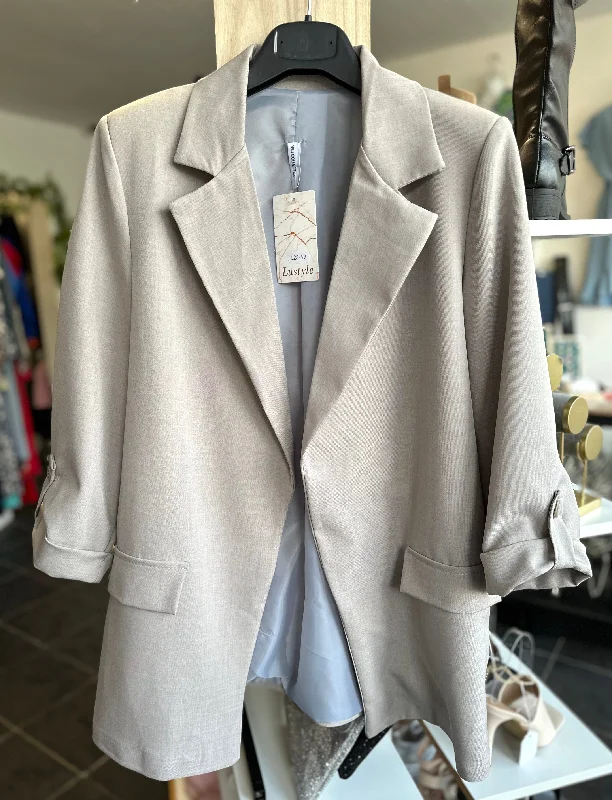 Grey rolled sleeve open blazer European