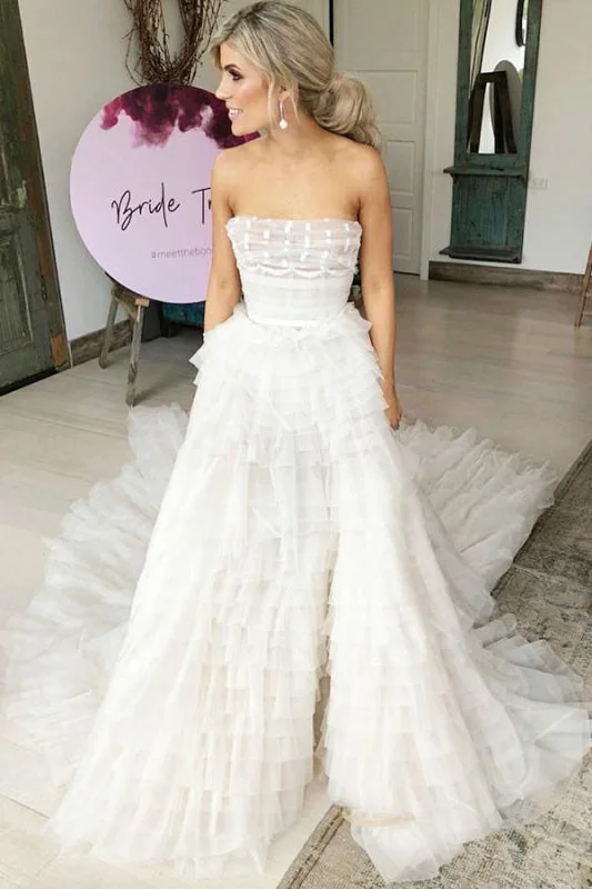 A-Line Strapless Tiered Court Train Ivory Tulle Beach Wedding Dress