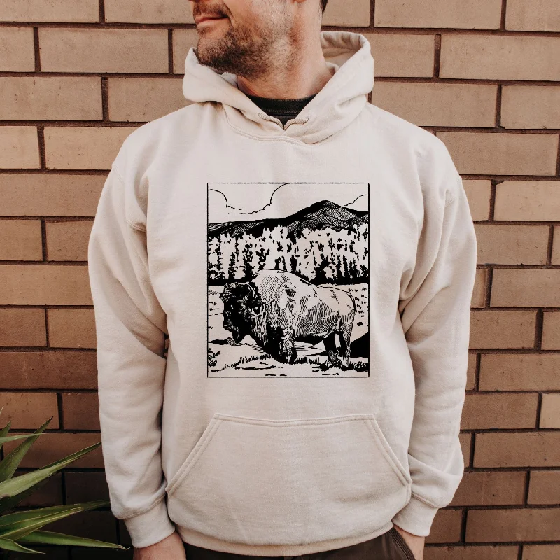 Hand Drawn Bison Roaming Buffalo Hoodie - Crewneck Sweatshirt for Skier *UNISEX FIT* Vintage Women's 1970S 