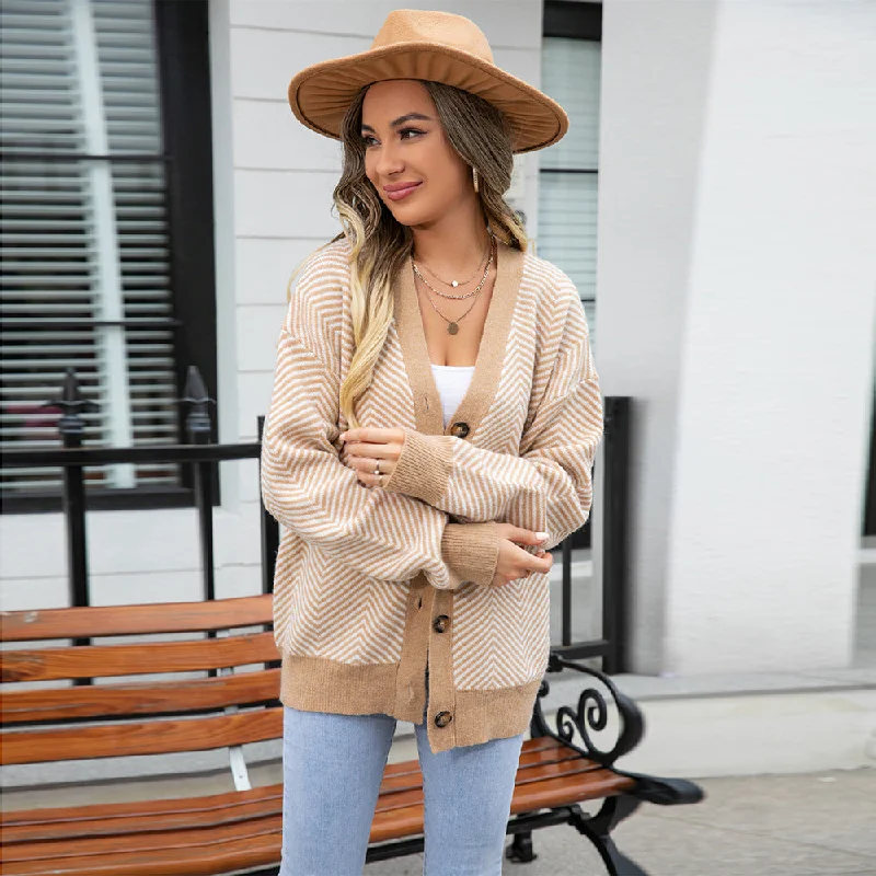 Casual Colorblocked Leopard Print Button Down Knit V-Neck Jacket Wholesale Womens Clothing Modern Women's Tech