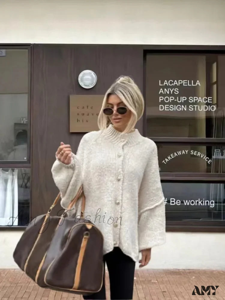 Casual Loose Single Breasted O-neck Fashionable Office Chic All-match Cozy Cardigan Traditional Women's Wool