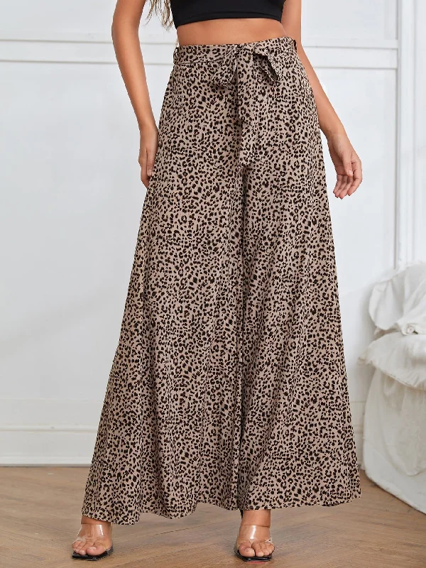 Casual Leopard Belted High Waist Long Women Pants French