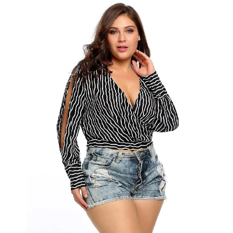 ANALUKE Lantern Striped Wrap Long Sleeve Blouse Laid - back Women's Vibe
