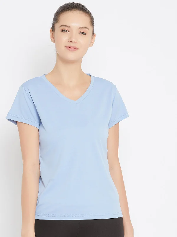 JUMP USA Women Blue Active Wear V- Neck T-shirt Earthy Women's Hemp - based