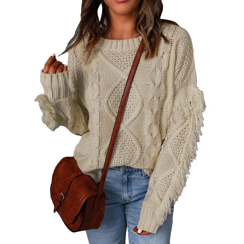 Loose Solid Color Long Sleeve Ribbed Tassel Crew Neck Knit Sweater Wholesale Womens Tops Sharp Women's Italian
