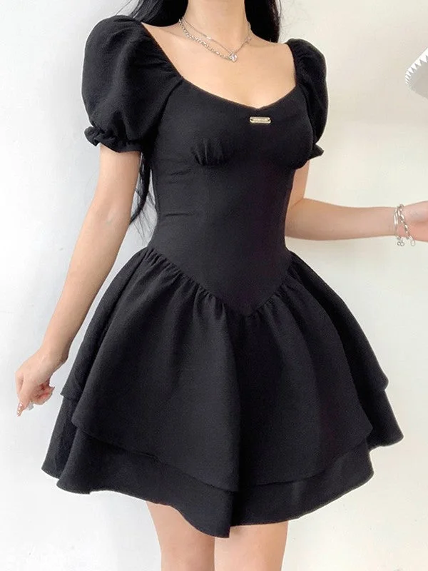 BerryBetty - Black Puff Sleeve Corset Mini Dress Stylish Women's Neon