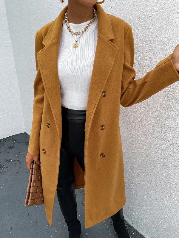 Elegant Plain Button Front Long Sleeve Lapel Midi Women Coat Rugged Women's Outdoor 