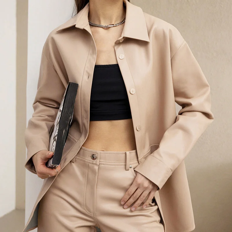Fashion Long Sleeve Women's PU Shirt Leather Coat Unique Women's Upcycled