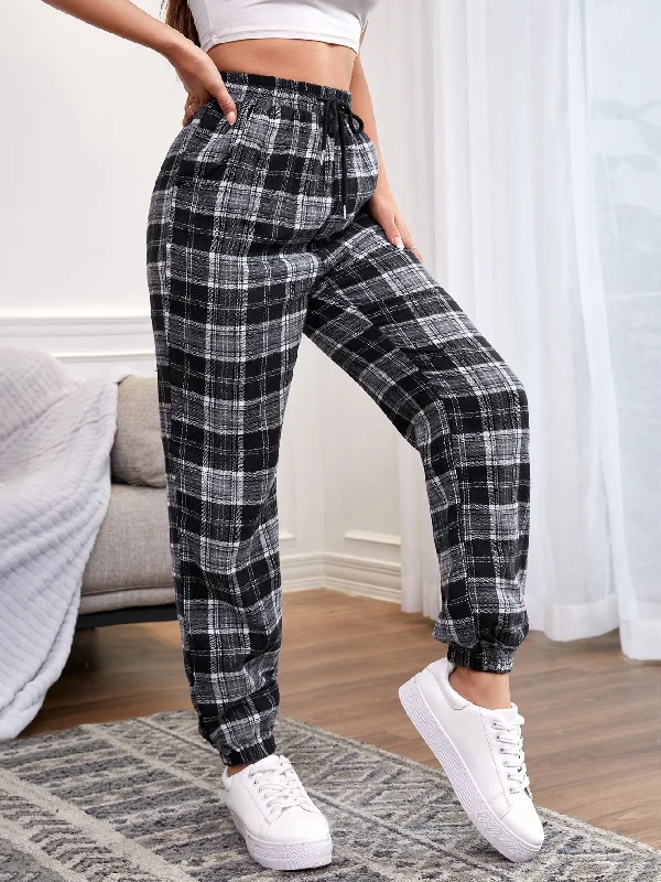 Preppy Plaid Pocket Natural Cropped Women Pants Monochromatic Office Style