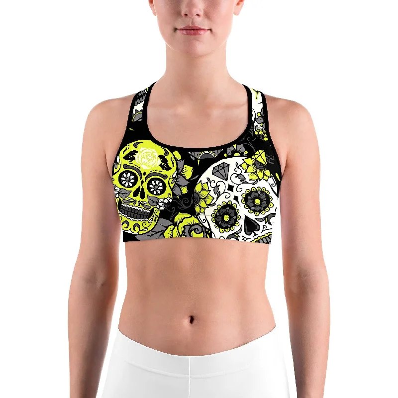 Sassy Yellow Sugar Skull Sports bra Athletic Women's High - 