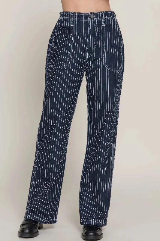 Stripe Stretch Denim Straight Pants Stylish Women's Neon