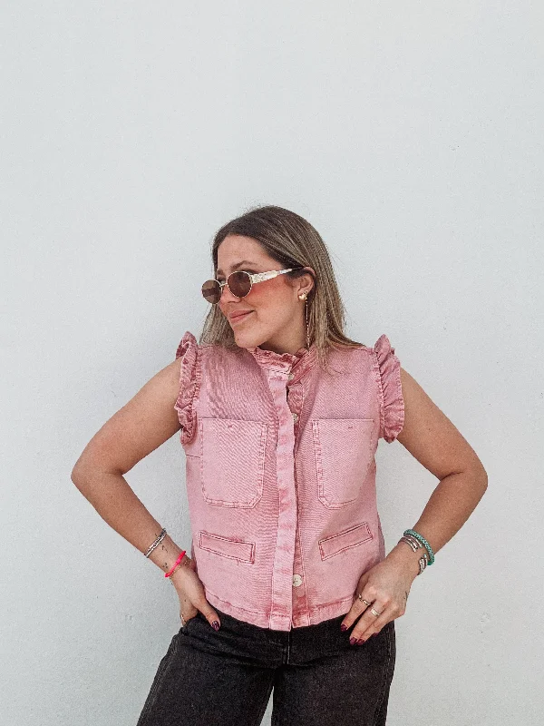 Dusty Pink Denim Ruffle Vest Minimalist Women's Casual