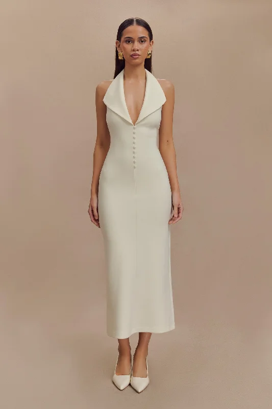 Annita Crepe Halter Midi Dress - Ivory Feminine Women's Style 