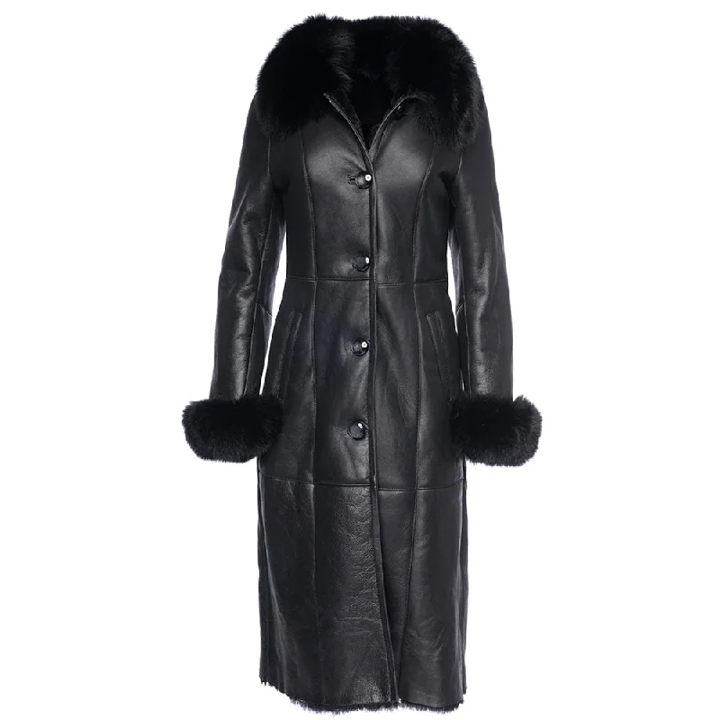 Caitlan’s Black Shearling Sheepskin Full Length Long Coat With Fox Fur Trim Traditional Women's 