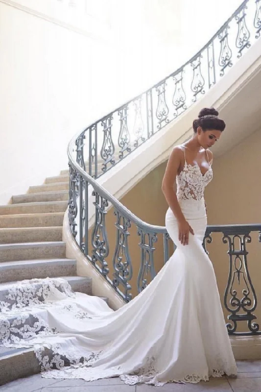 Lace Sweetheart Backless Mermaid Wedding Dresses with Train Stylish Women's Neon