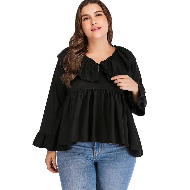 ANALUKE Flounce Flare V-Neck Long Sleeve Blouse Modern Women's 