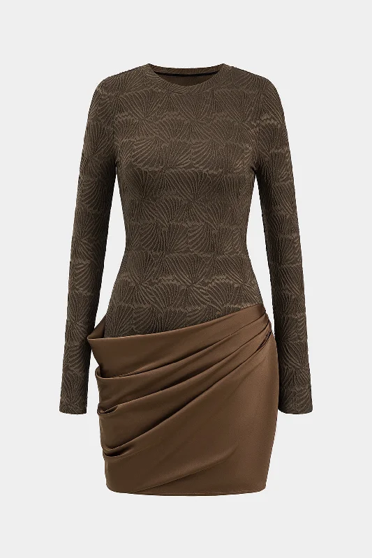 Textured Satin Ruched Patchwork Long Sleeve Mini Dress Sleek Women's Metallic
