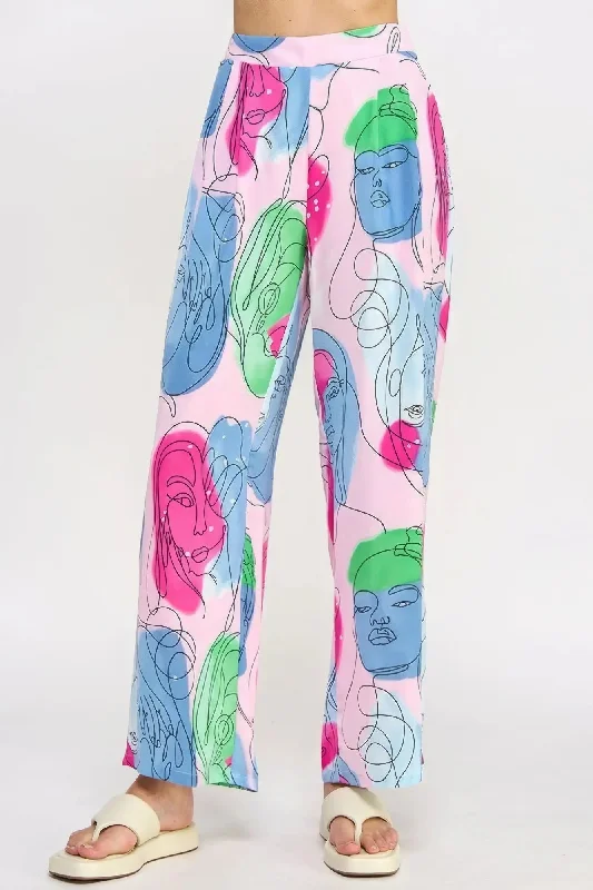 Printed Wide Leg Pant With Elastic Back Relaxed Women's 
