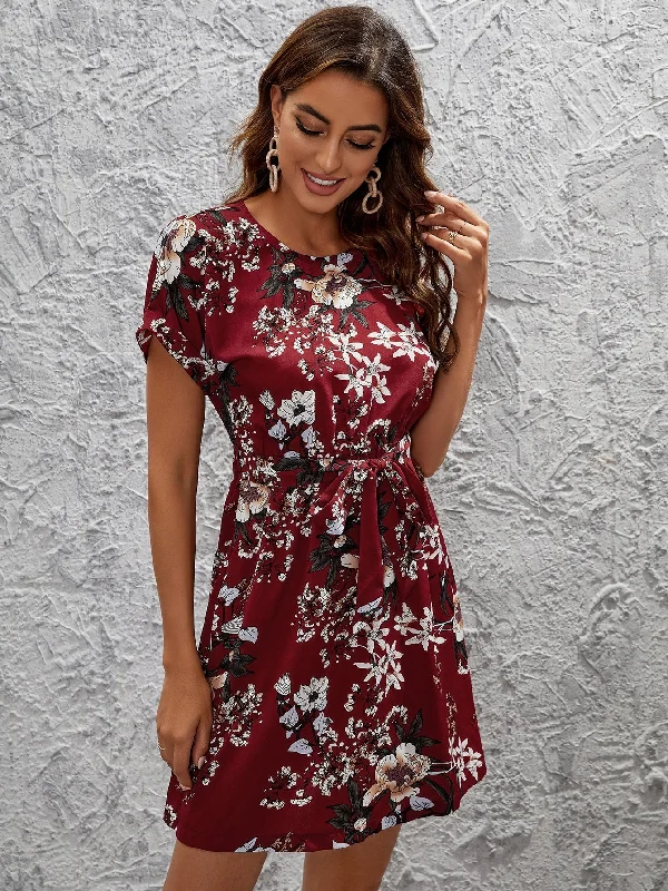 All Over Print Belted Short Sleeve Round Neck Flared High Waist Short Dress