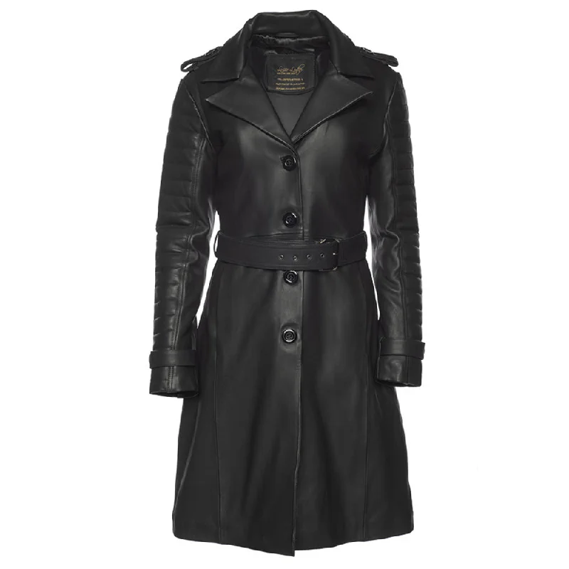 Ariana Black belted leather trench coat Dapper Women's Bow - adorned
