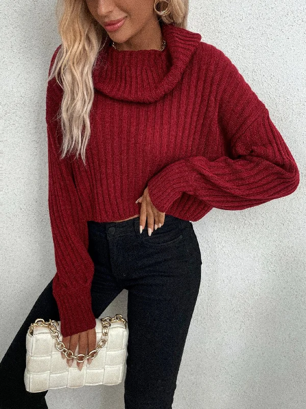 Casual Plain Rib-Knit Long Sleeve Cowl Neck Crop Women Sweater Classic Women's Pin - striped Casual Plain Rib-Knit Long Sleeve Cowl Neck Crop Women Sweater Classic Women's Pin - striped