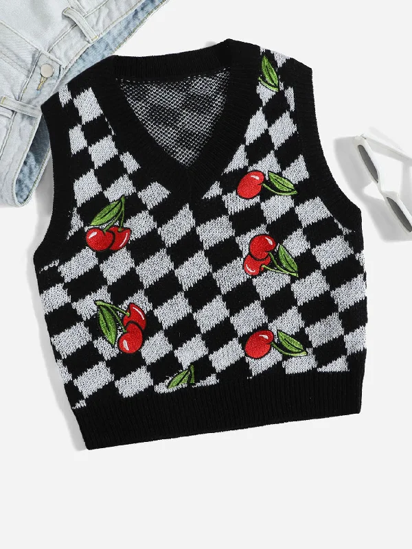 Casual Fruit&Vegetable Embroidery Sleeveless V Neck Crop Women Knit Top