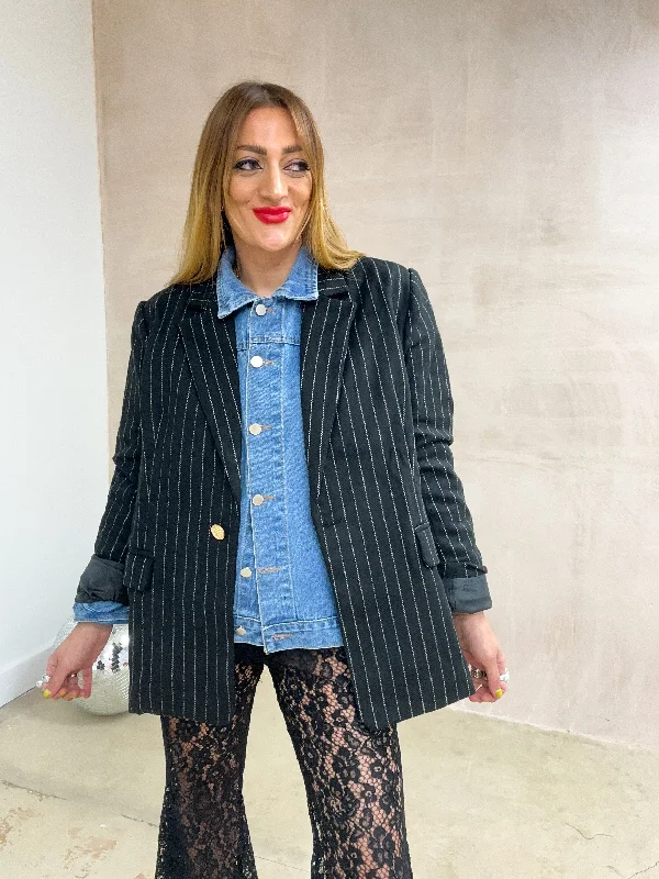 Pinstripe Blazer Coat In Black Vintage Women's 1970S 