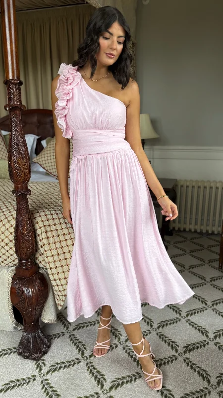 Francesca Baby Pink One Shoulder Ruffle Maxi Dress