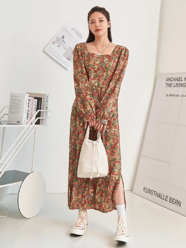 Ditsy Floral Split Long Sleeve Square Neck Slit High Waist Long Dress Practical Women's Quick - dry