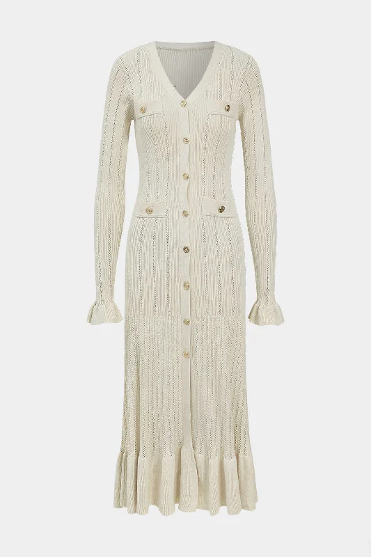 Knit Cut Out Ruffle Button Bell Sleeve Dress Classic Women's Tweed