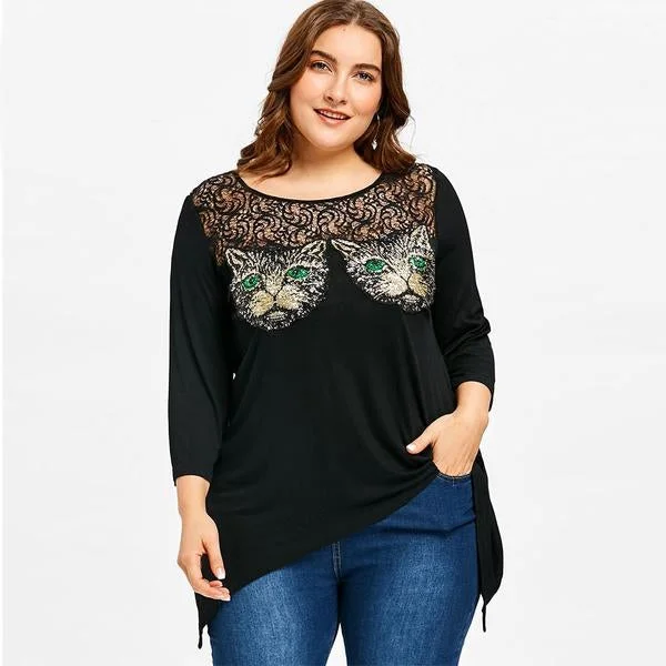 ANALUKE Glittery Cat Embellished Crescent Hem Long Sleeve T-Shirt Earthy Women's Hemp - based
