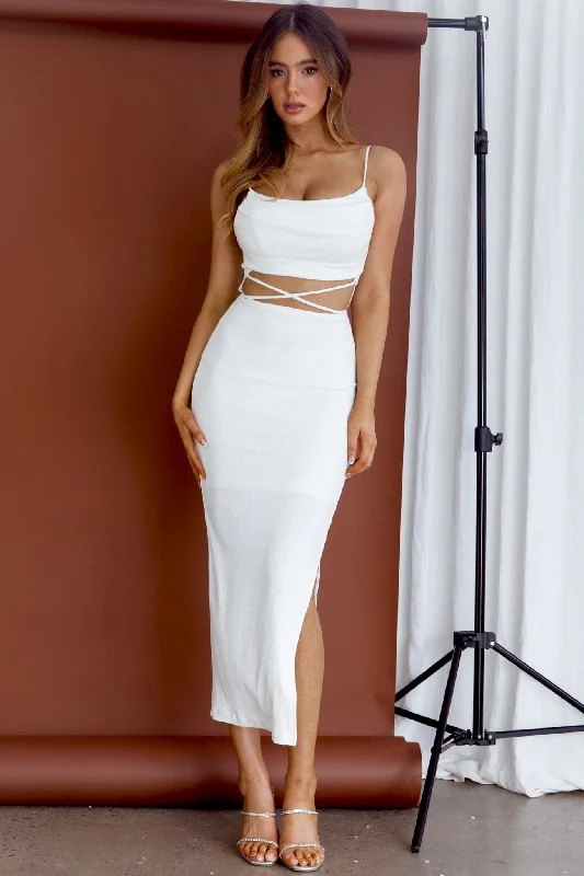 Crazy In Love Cowl Neck Cut-Out Waist Midi Dress White